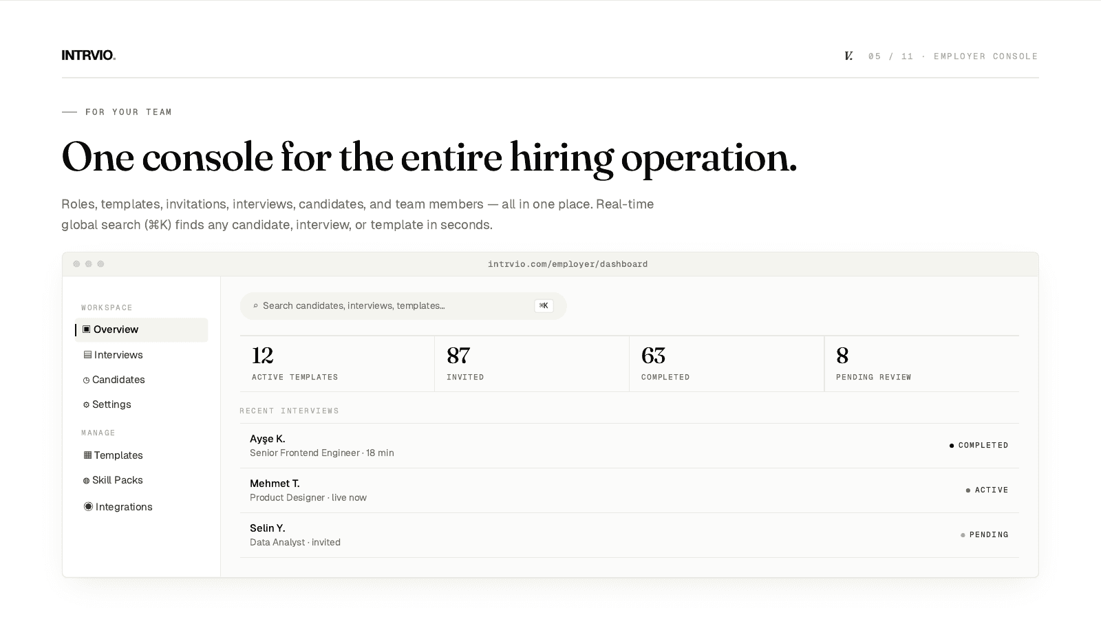 INTRVIO employer console showing interview operations